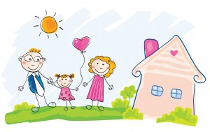 Family is moving into new house. Doodle illustration - vector.